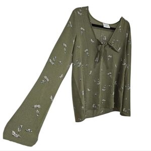 Everly Blouse Women's Small Green Feathers Long Sleeve Tie Shirt Top Bohemian